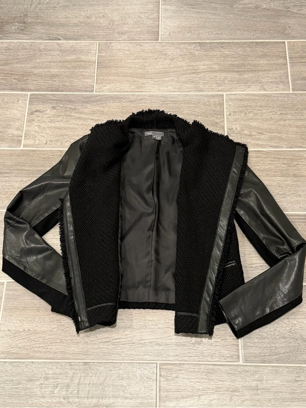 VINCE Black Lamb Leather Wool Boucle Tweed Cropped Moto Jacket. Size XS.